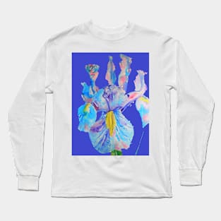 Iris Watercolor Painting - Blue with Raindrops - on Navy Long Sleeve T-Shirt